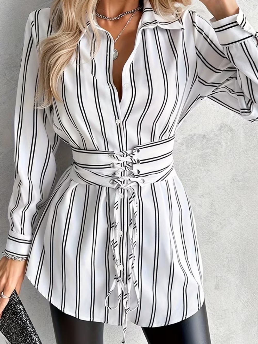 Targeted Development Women'S Striped Printed Elegant Cinched Waist Long Sleeve